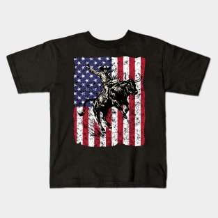 Rodeo Bull Rider Cowboy American Flag Kids T-Shirt